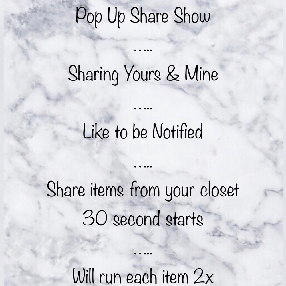 TBD • POP UP SHARE SHOW~ LIKE FOR UPDATES AND NOTIFICATIONS